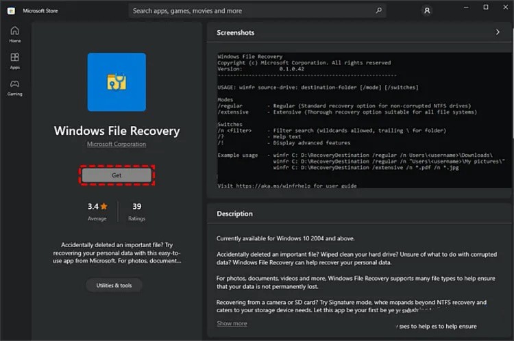 搜尋「Windows File Recovery」