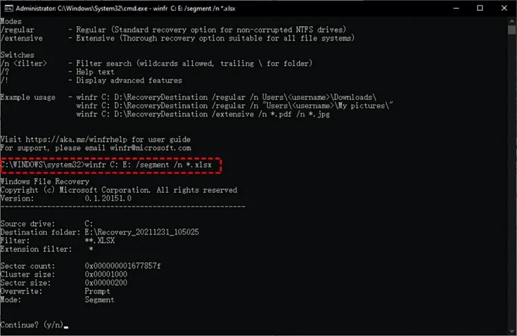 輸入：winfr C: E: /segment /n *.xlsx