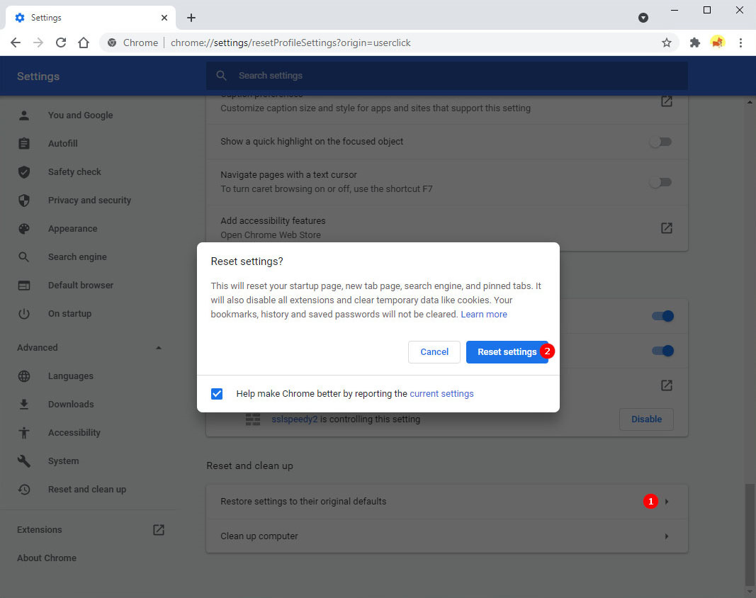 將Chrome 重設為預設設定